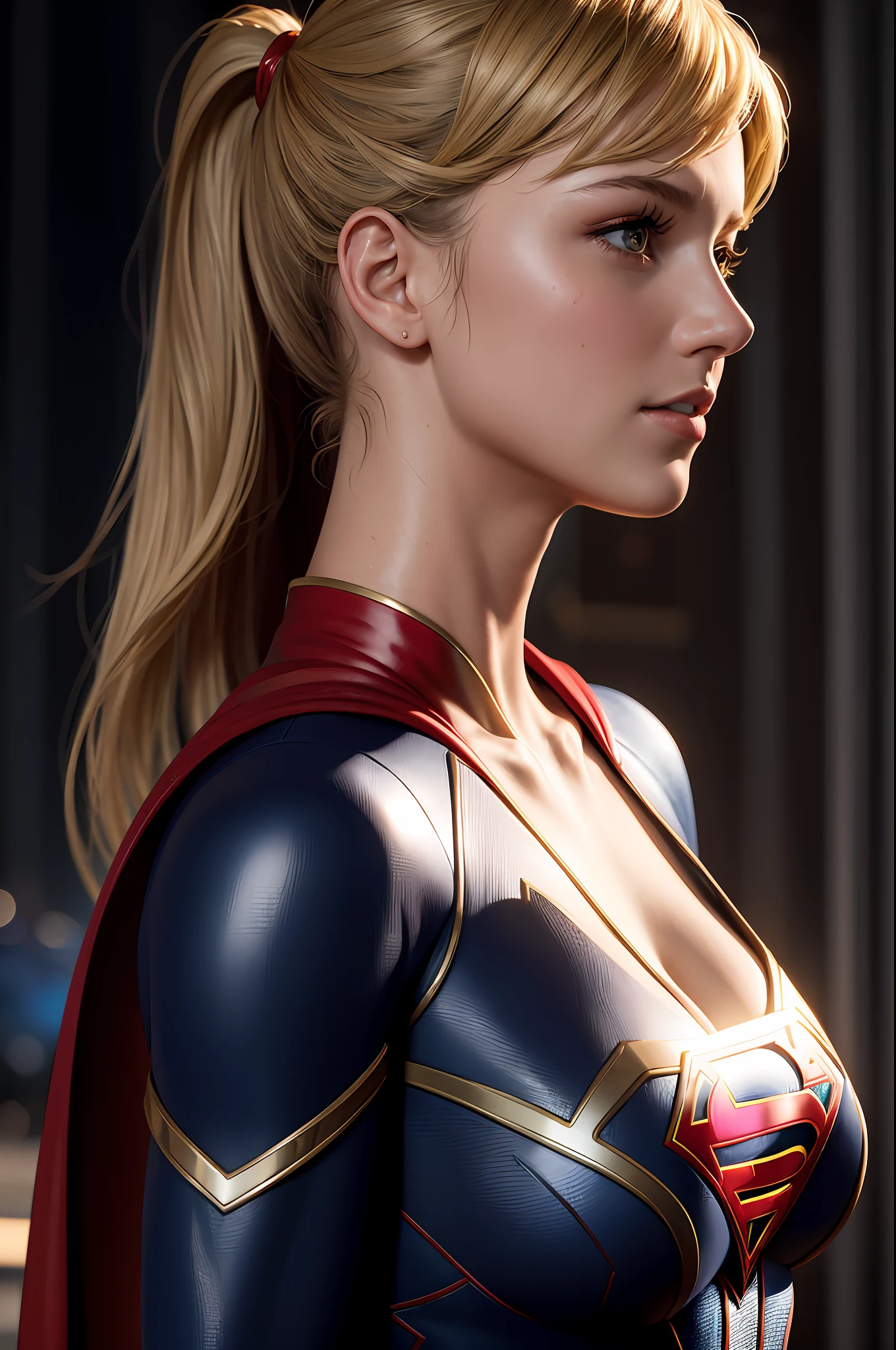 side view ,masterpiece,1girl, a woman, supergirl, cleavage, high detailed skin texture, 8k, Bright lighting, face lighting,  (extremely detailed CG unity 8k wallpaper), trending on ArtStation, trending on CGSociety, High Detail, Sharp focus, dramatic, beautiful background, full shoot, high quality, (beautiful face), (detailed face), beautiful hands