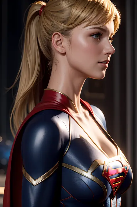 side view ,masterpiece,1girl, a woman, supergirl, cleavage, high detailed skin texture, 8k, Bright lighting, face lighting,  (ex...