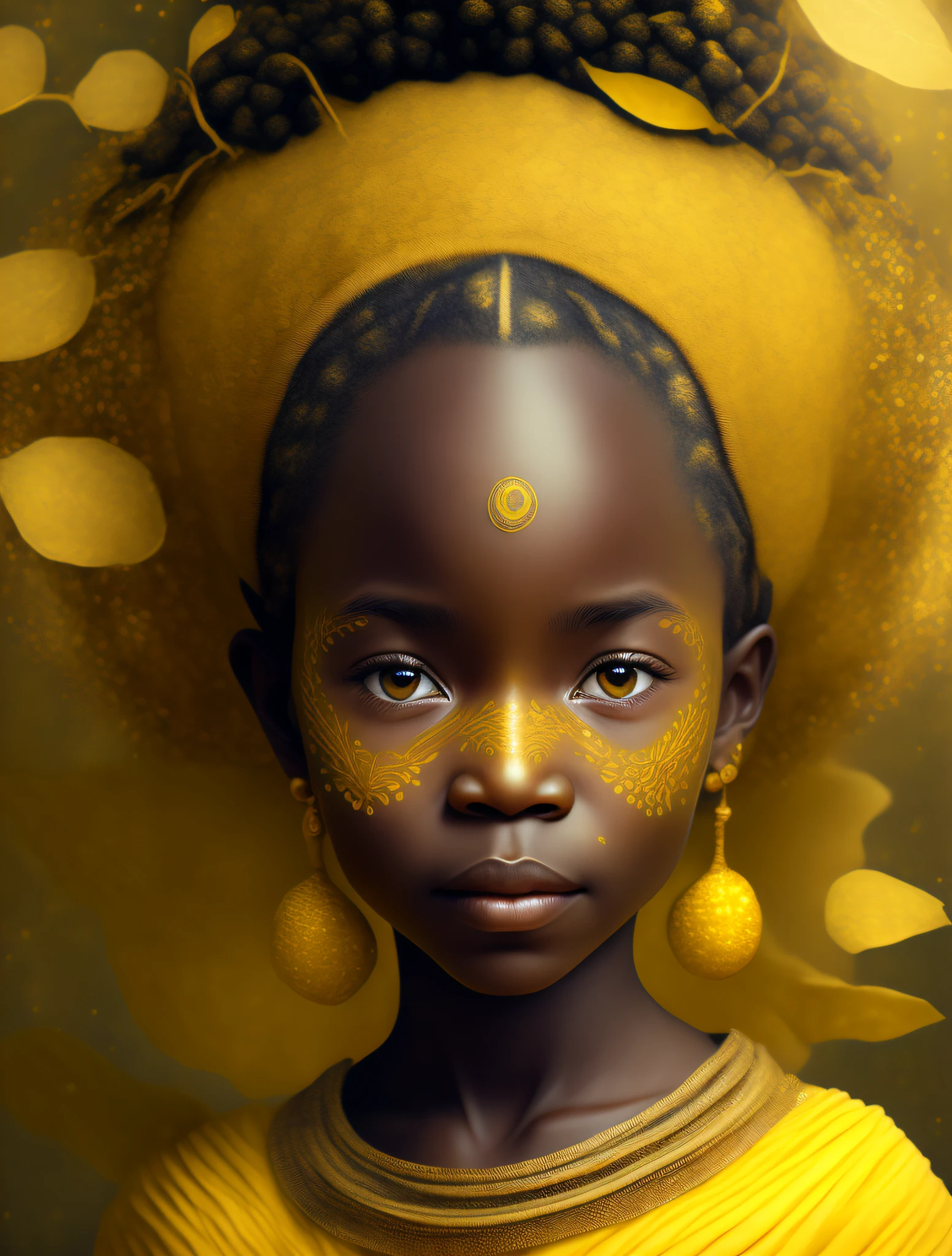 Oxun child, the African orisha, goddess of rivers, Yoruba, Yoruba deity, girl's look, sweet girl, sensitive, slight smile, beautiful, props in yellow tones, wearing a detailed and intricate ade, cosmic goddess, cosmic forest, astrophotography