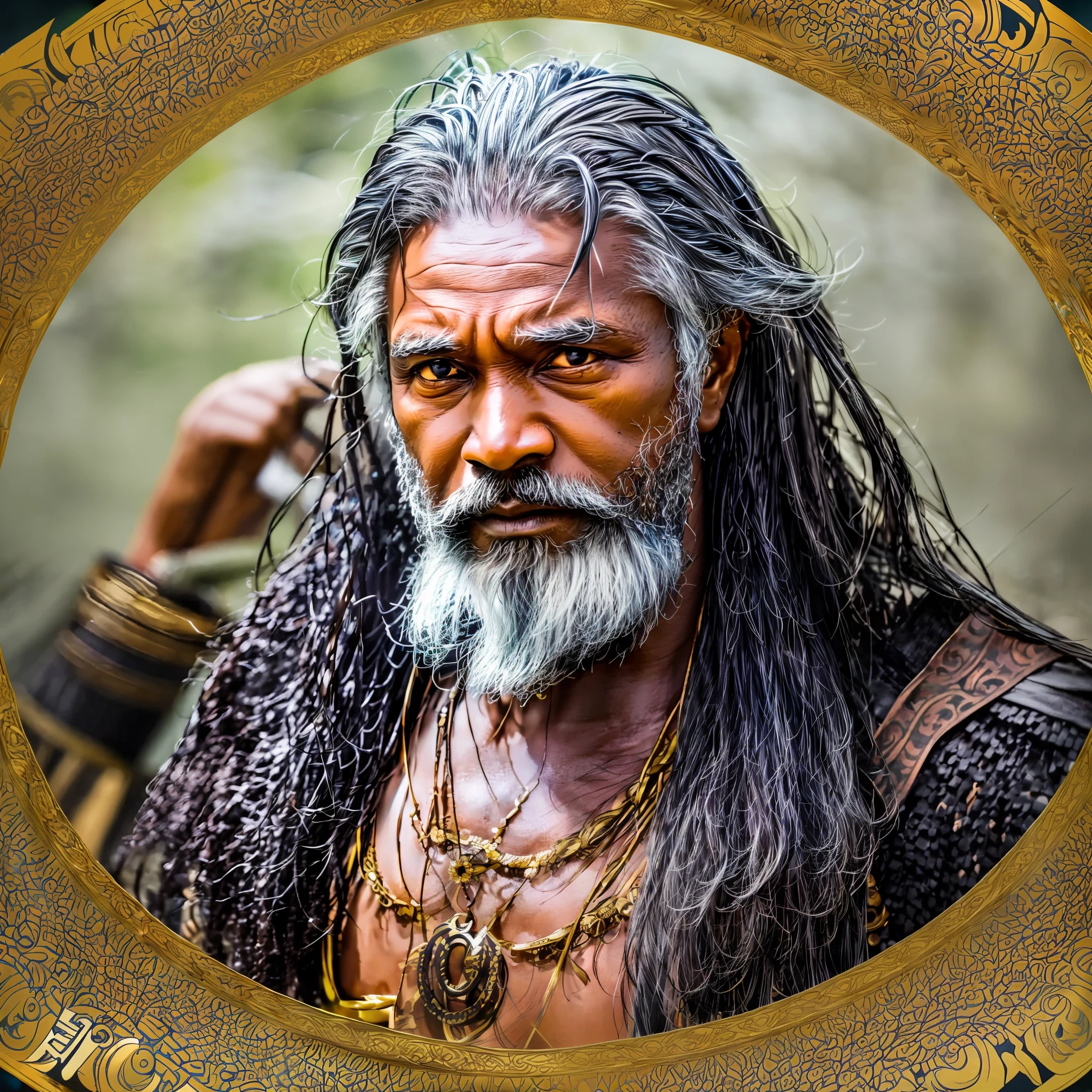 create an image based on the character Byamba, from the TV series Marco Polo, Played by actor Uli Latukefu. The character must have the appearance of a 54-year-old, relatively long hair and black beard. 8k, uhd, severe low lighting, high quality, sharp focus, fujifilm XT3 --auto --s2