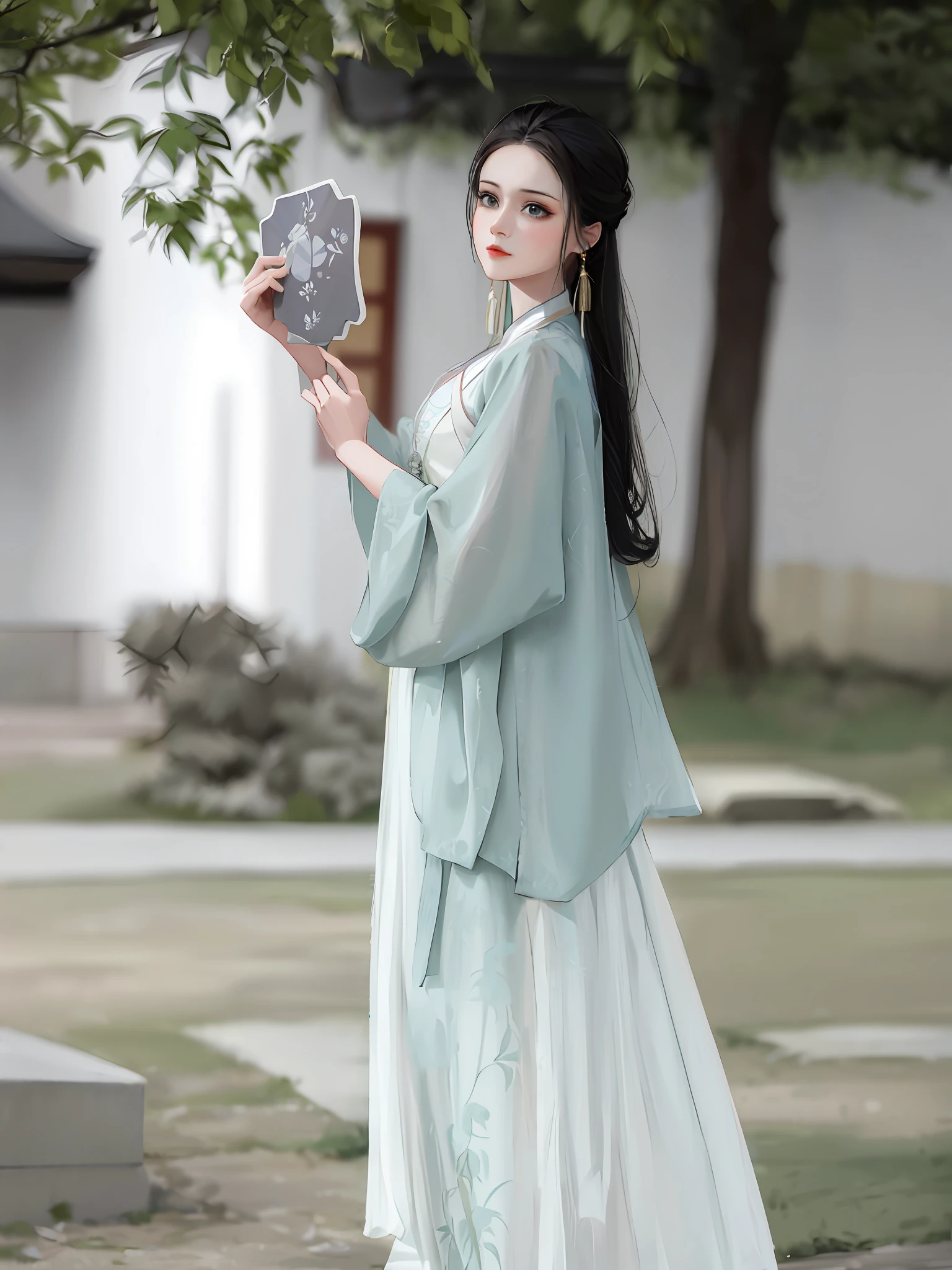 eine Frau in einem langen Kleid, die einen Spiegel in der Hand hält, hanfu, weißer Hanfu, mit antiker chinesischer Kleidung, das Tragen antiker chinesischer Kleidung, traditionelle chinesische Kleidung, Palast ， Ein Mädchen in Hanfu, Stil von Guohua, chinesischer Stil, Chinesisches Kostüm, meer - grüne und weiße Kleidung, Trägt einen luxuriösen Seidenmantel, Sha Xi, chinesisches kleid