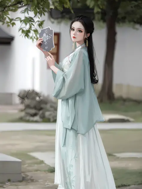 a woman in a long dress holding a mirror in her hand, hanfu, white hanfu, with acient chinese clothes, wearing ancient chinese c...