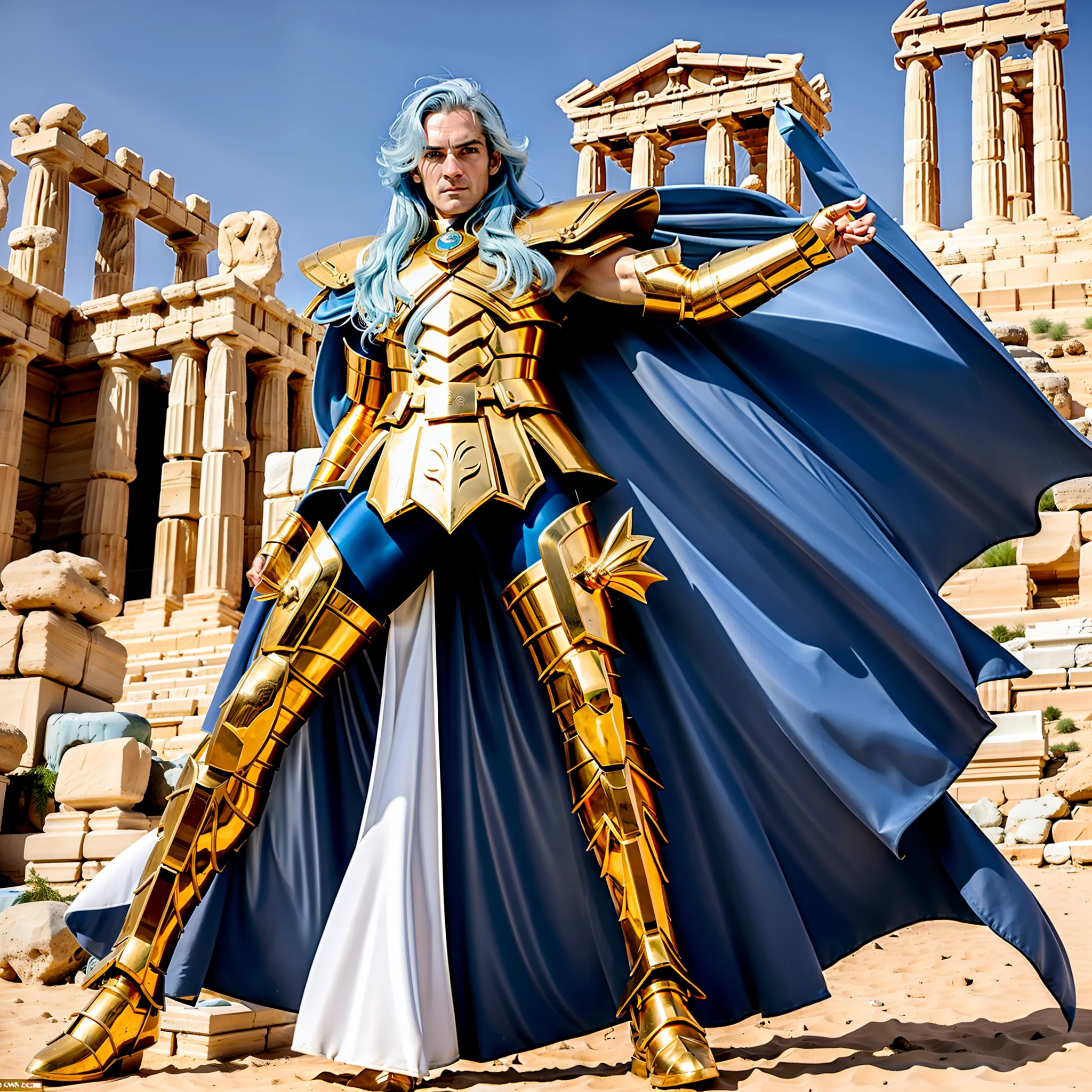 masterpiece, best quality, masterpiece, detailed face, detailed eyes, full body, Henry Cavil wearing golden armor of fish, ruins of the Greek temple in the desert, attack pose, cape, man, long hair, light blue hair,