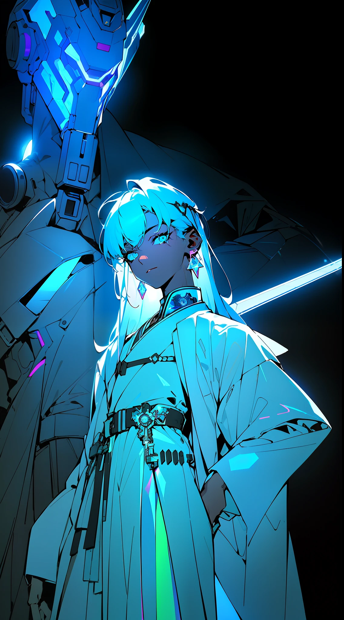 ((Cyberpunk style, robotic arm, holographic aura, surreal sci-fi art, futuristic sci-fi aesthetics)), 1 boy solo, close-up, (resolute eyes), (ancient Chinese clothes, white robe, embroidered collar Uesugi, white large-sleeved shirt, streamers), (hairpin, long black hair, weapons, sword on belt), (hanfu), (clear facial features, detailed skin texture, handsome face), white background, earrings, dark skin, standing, (masterpiece, top quality, best quality), (((flat color))),