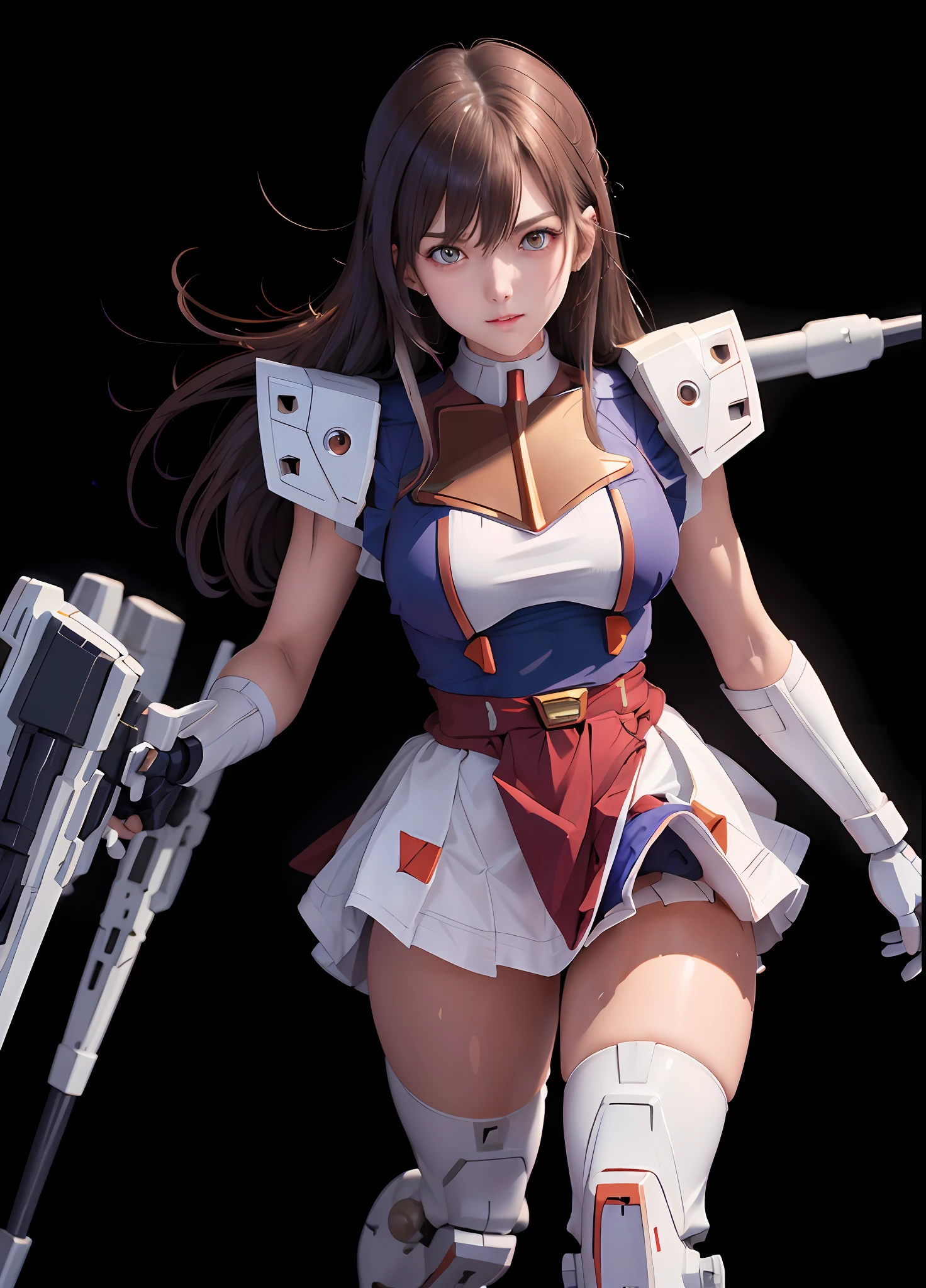 (top quality), (masterpiece), personification of Mobile Suit Gundam F91, nsfw, amazing highlights of the upper body, powerful mechs, girl with beam rifle, absolute area, moist wet slightly thick thighs, dignified full-body pose, short skirt, beautiful lighting