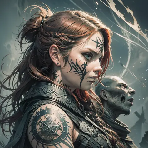 a viking woman with viking tattoos,charcoal tattoo in eyes,expression of anger,holding shield with viking runes,redhead,braided and messy flowing hair,bruised and scratched body,side view,profile vision,velka,assassins creed valhalla,ragnarok,vikings,black...