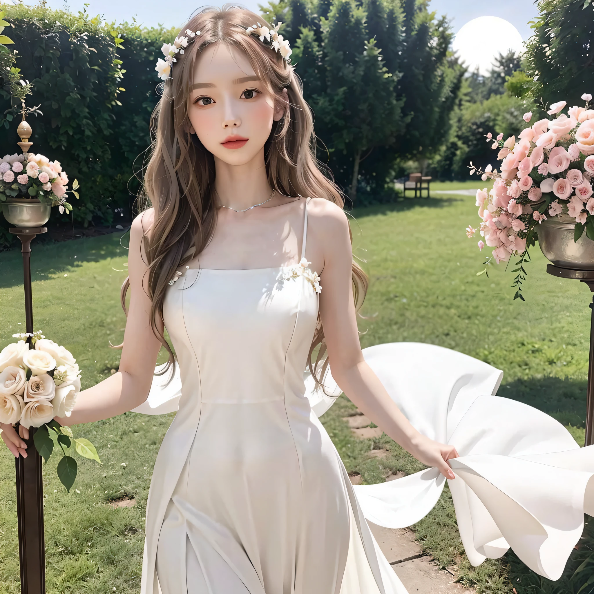 (An elegant and beautiful) woman with (long and delicate wavy hair) in a (form-fitting) white (sun) dress stands tall. She wears a (dainty) circlet made from (delicate) pink flowers that (adds a touch of nature) to the (overall look).