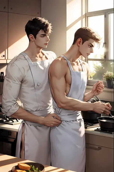 High image quality, two beautiful men, delicate eyes, thin muscular, tall, random hairstyle, rough clothes, kitchen, cooking, lovely eyes, window, soft sunlight, romantic,