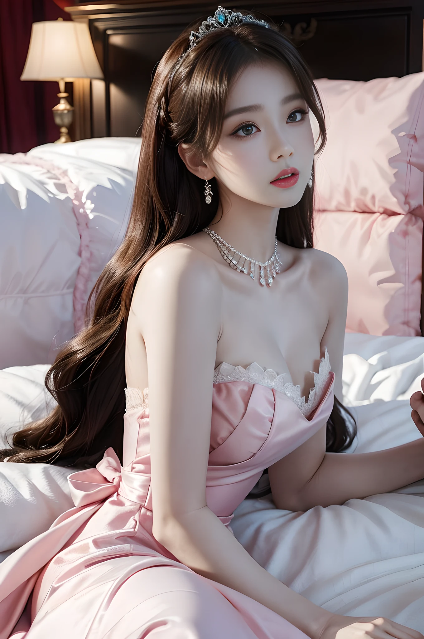 ((Realistic lighting, top quality, 8K, Masterpiece: 1.3)), Clear Focus: 1.2, 1Woman, Perfect Beauty: 1.4, Yushuxin, 1Girl, Dress, Solo, Brunette, Jewelry, Long Hair, Earrings, Bow, Pink Dress, Wood, Nature, Outdoor, Bare Shoulder, Airless Gainsboro, Long Dress, Hair Bow, Forest, Pink Bow,Strapless, Standing, Necklace, Head Tilt, Chapped Lips, Wavy Hair, Strapless Dress,Lace Sleeves, cetin dress,close-up woman in pink dress posing for photo,beautiful virgin,beautiful korean woman, beautiful princess, cute elegant pose, bell delphine, wearing pink dress, beautiful fantasy maiden, anime princess, beautiful seductive anime woman,beautiful asian girl, attractive anime girl, elegant glamorous cosplay,(lying on bed:1.8),(beautiful orb-articulated doll:1.3),luxurious princess dress