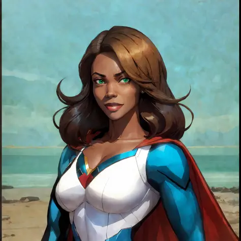 black super heroine in blue and white costume with red cape, black woman smiling, confident, straight hair, green eyes, powerful...