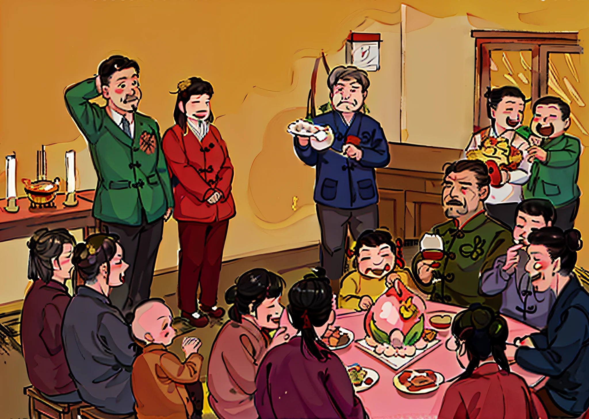 Hay muchas personas sentadas alrededor de una mesa comiendo alimentos, estilo artístico gta chinatowon, Mapo Tofu Cartoon, Xi Jinping como Winnie the Pooh, familia dinner, estilo artístico de gta chinatown wars, por Sheng Maoye, por Li Tiefu, by Yi Inmun, Estilo artístico de GTA Chinatown, familia, ilustración humorística, inspirado en Chen Daofu