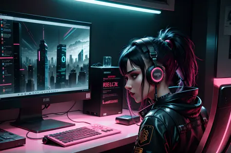detailed realistic cyberpunk female character cyberpunk wearing steel collar around neck, realistic, art, beautiful, 4K, collar,...