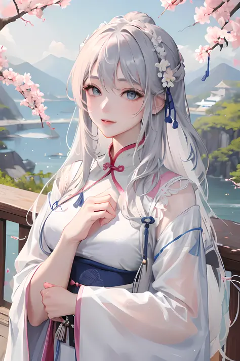 Masterpiece, Best Quality, Day, Outdoor, Festivals, Celebrating, 1 Woman, Solo, Mature Woman, Mature, Chinese Style, Ancient China, Sister, Royal Sister, Happy, Smiling, Silver White Long haired Woman, Grey Blue Eyes, Shackled Hair, Bangs, Pink Peach Bloss...