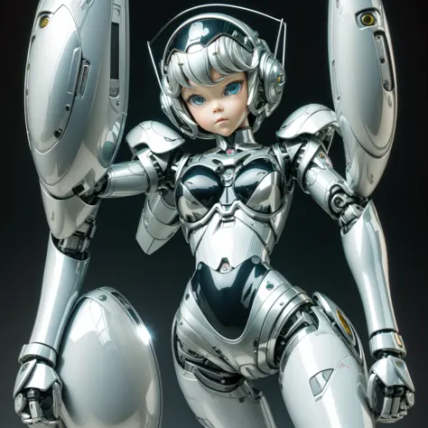 Very cute human 8 year old girl face, doll-like body with robot arms, robot waist and legs, very cute and feminine, short, petit...