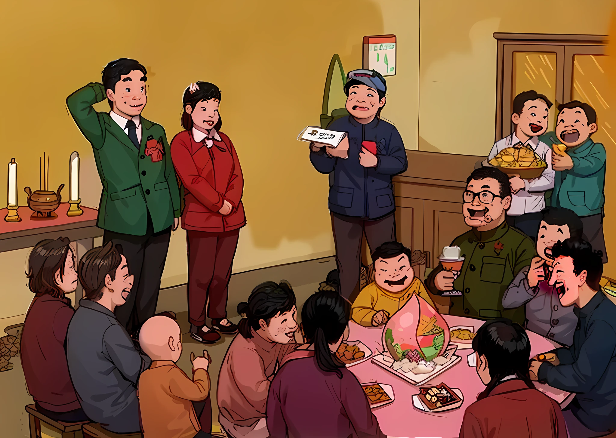 Há muitas pessoas sentadas ao redor de uma mesa comendo comida, estilo de arte gta chinatowon, Mapa De Tofu Dos Desenhos Animados,  como o Ursinho Pooh, família dinner, estilo de arte do gta chinatown wars, por Sheng Mao Ye, por Li Tiefu, por Yi Inmun, estilo de arte gta chinatown, família, ilustração humorística, inspirado em Chen Daofu