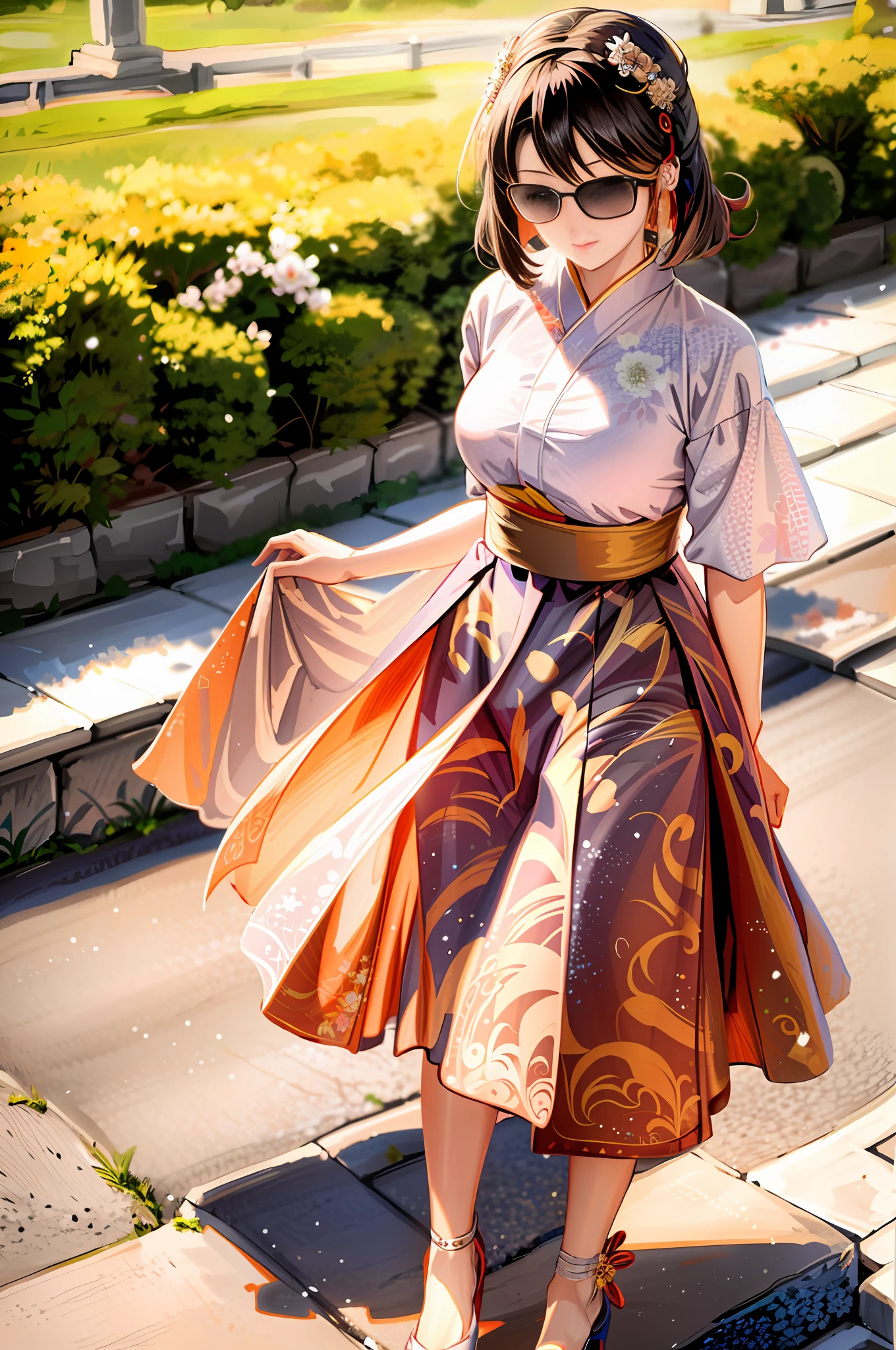 woman in a dress and sunglasses walking down a sidewalk, intricate hakama,  hakama kimono, japaneese style, japanese clothes - SeaArt AI