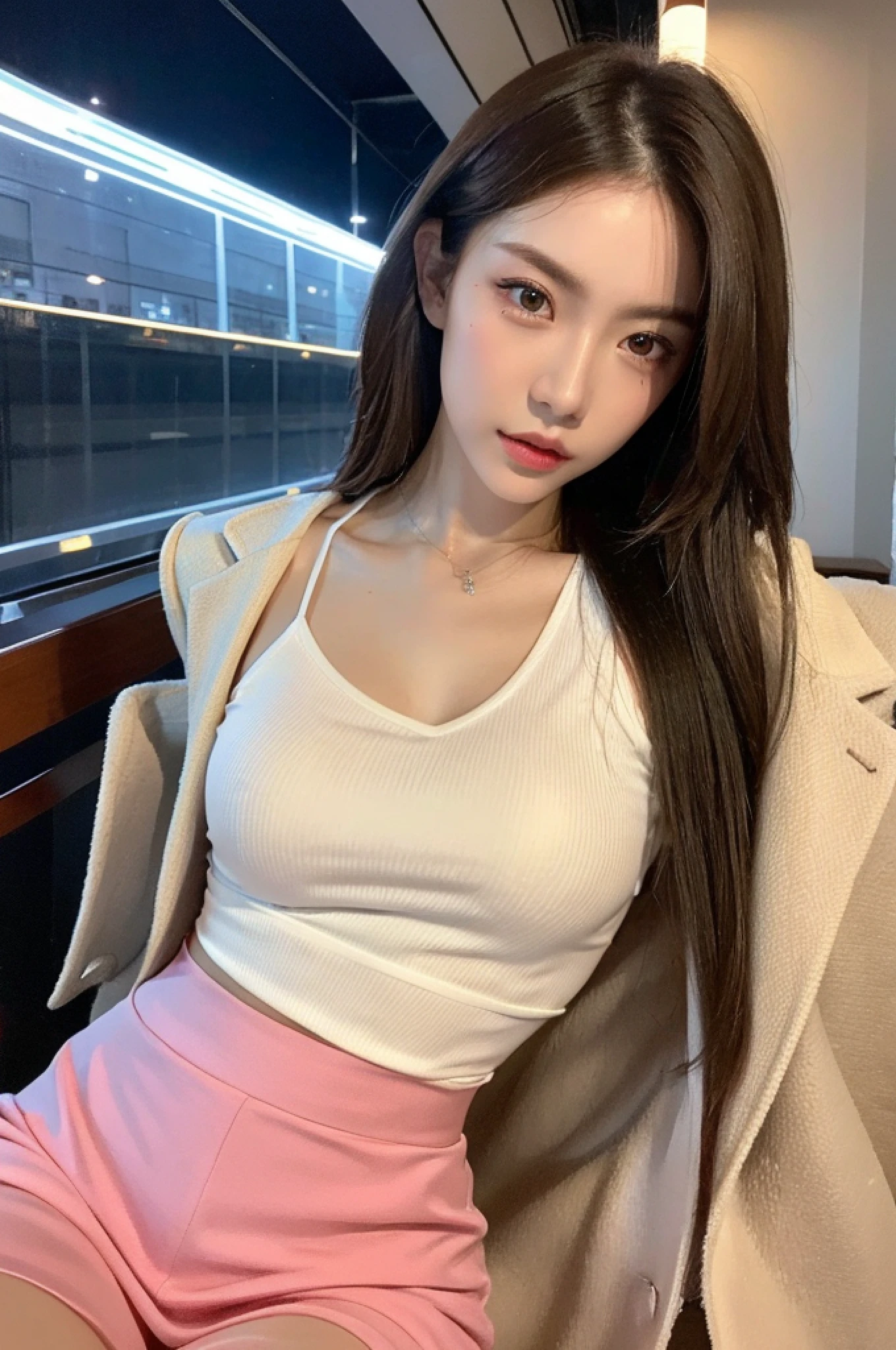 Superb image quality, 8k, masterpiece:1.3, full body, long legs, focal length: 1.2, perfect body beauty: 1.4, slim abs: 1.1, dark brown hair, white shirt, pink suit, pink tight skirt, white suspender stockings, standing: 1.2, city night view, highly detailed facial and skin texture, detailed eyes, double eyelids, hyper-realistic, ultra-realistic