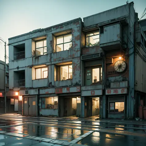 Abandoned house, Dojunkai apartment surreal and very detailed illustrations, external perspective, images with objects very load...