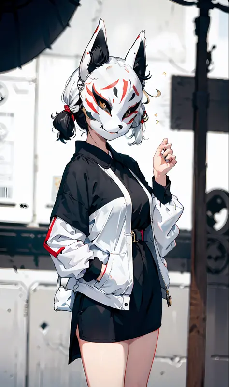 fox mask person wearing fox mask on face, black briefskirt, white shirt