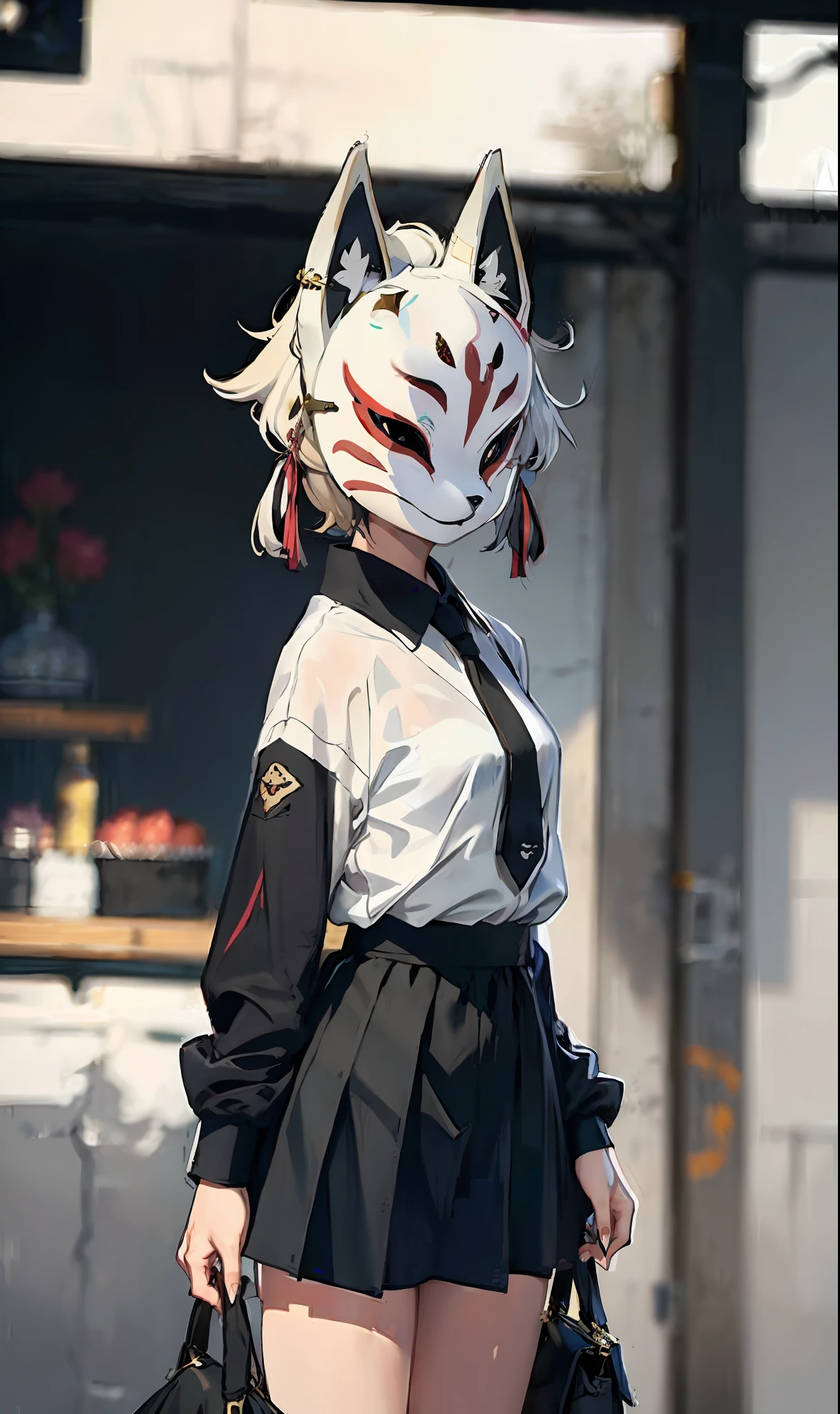 Fox mask Person wearing fox mask on face, black briefskirt, white shirt