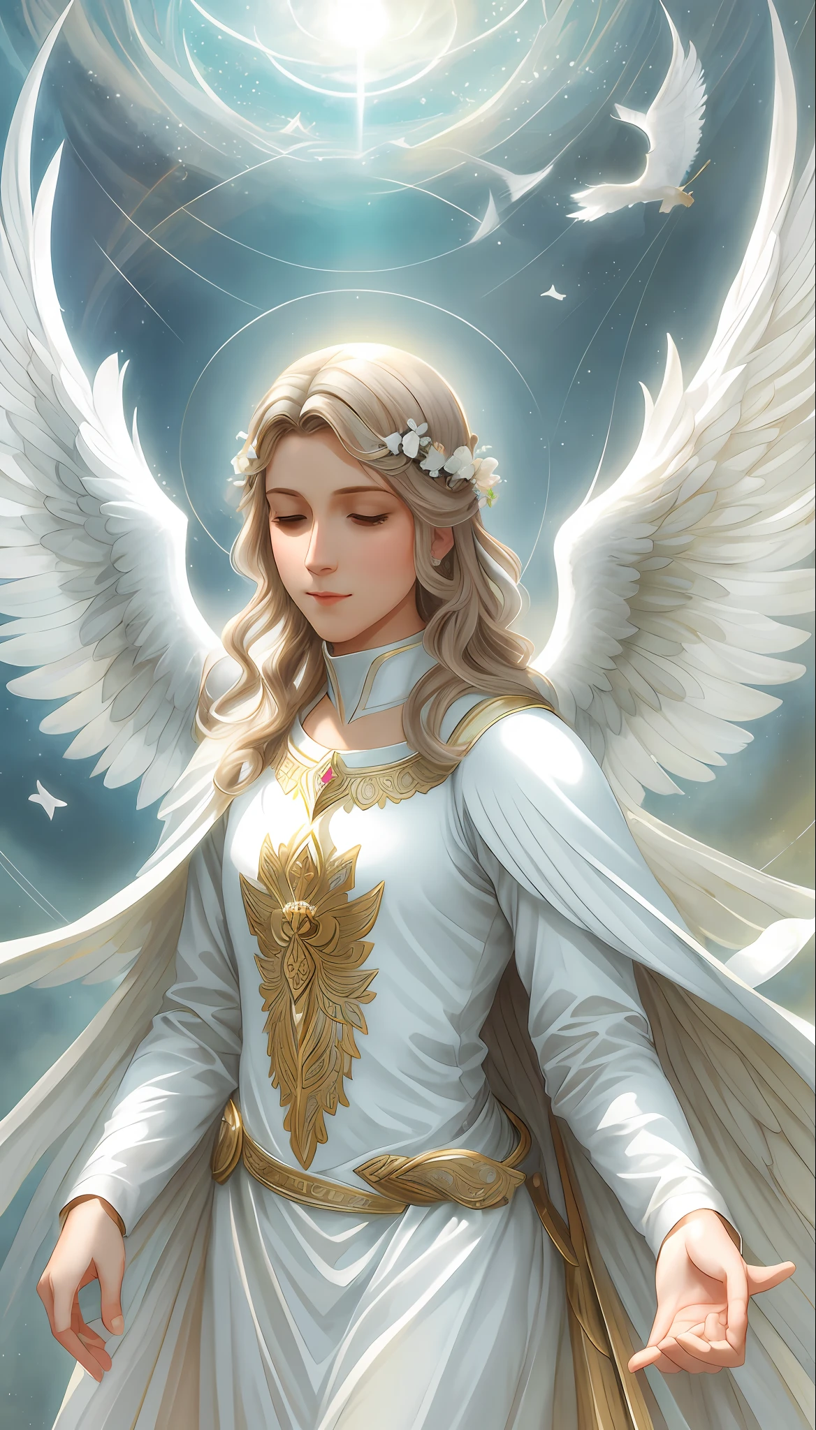 An ethereal and dreamy depiction of a beautiful Saint Michael the Archangel, surrounded by a soft and gentle atmosphere that highlights her graceful and delicate nature, halo, artstation, digital painting, trending, warm colors