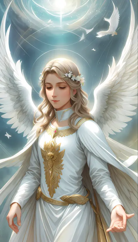 an ethereal and dreamy depiction of a beautiful saint michael the archangel, surrounded by a soft and gentle atmosphere that hig...