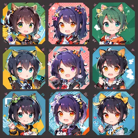 The character's costume is summery, 6 anime character stickers with different expressions, fleet collection style, anime moe art...