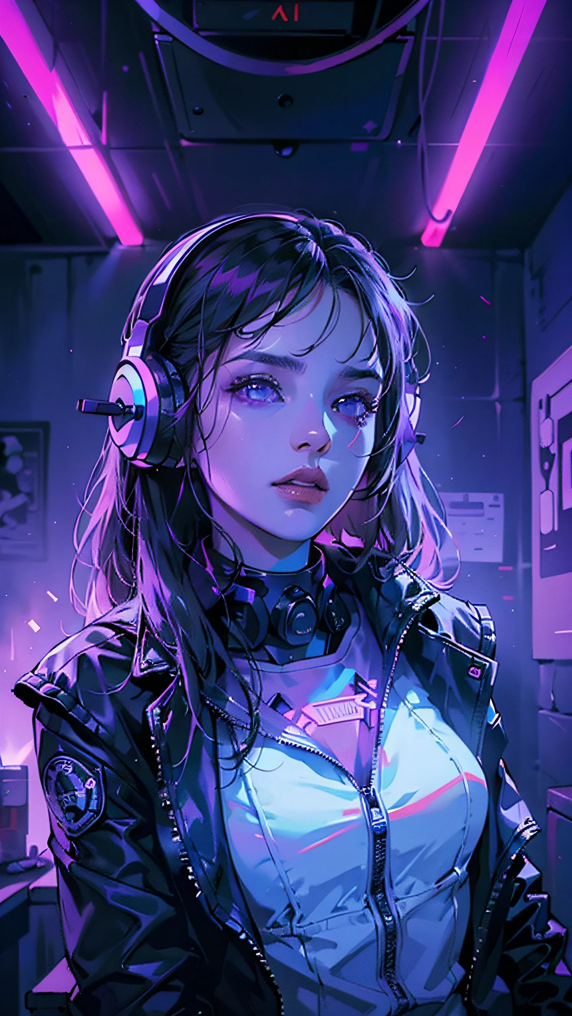 ((mejor calidad)), ((Obra maestra)), (Muy detallado: 1.3), cuarto oscuro, beautiful cyberpunk woman, usando auriculares, composición dinámica, Luces azules de neón desde el techo, Cordón de neón púrpura en la pared,
