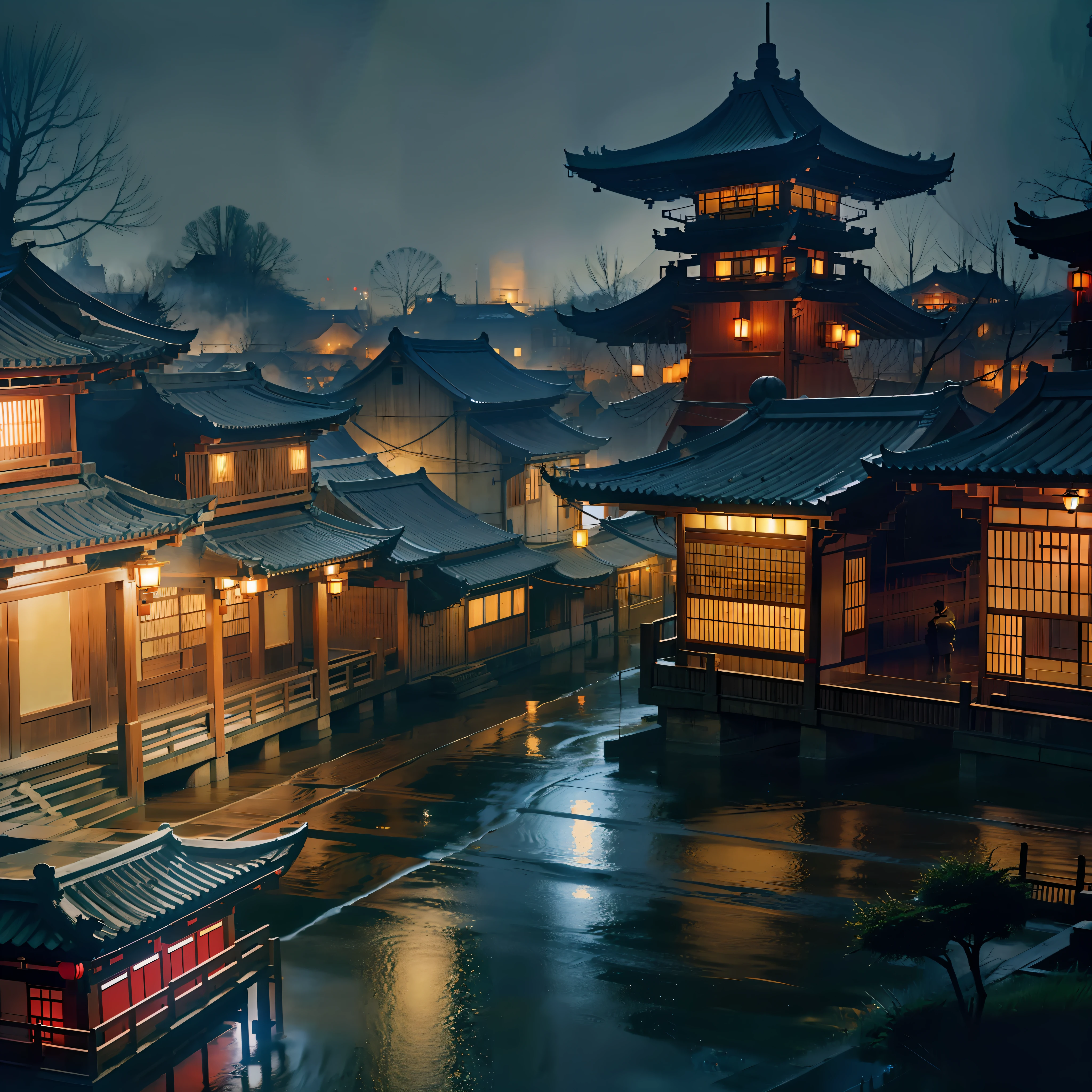 arafed view of a village with a lot of lights on the buildings, dreamy chinese town, chinese village, amazing wallpaper, japanese town, japanese village, hyper realistic photo of a town, old asian village, japanese city, by Raymond Han, rainy evening, cyberpunk chinese ancient castle, beautifully lit buildings, at evening during rain, beautiful and aesthetic, photography, cinematic, 8k, high detailed ((Heavy rain)))