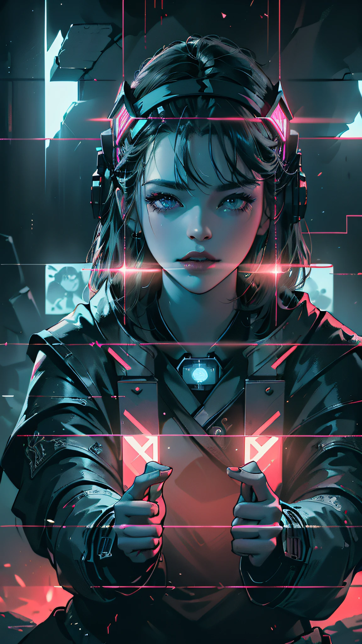 ((Best Quality)), ((Masterpiece)), (Very Detailed: 1.3), Dark Room, Neon Noir, Beautiful Cyberpunk Woman, (Wearing a Chunky High-Tech Head-Mounted Display: 1.2), Wearing a Cape, Hacking Computer Terminal, Blue Neon Lights from Monitors, Red Neon Codes on the Walls,