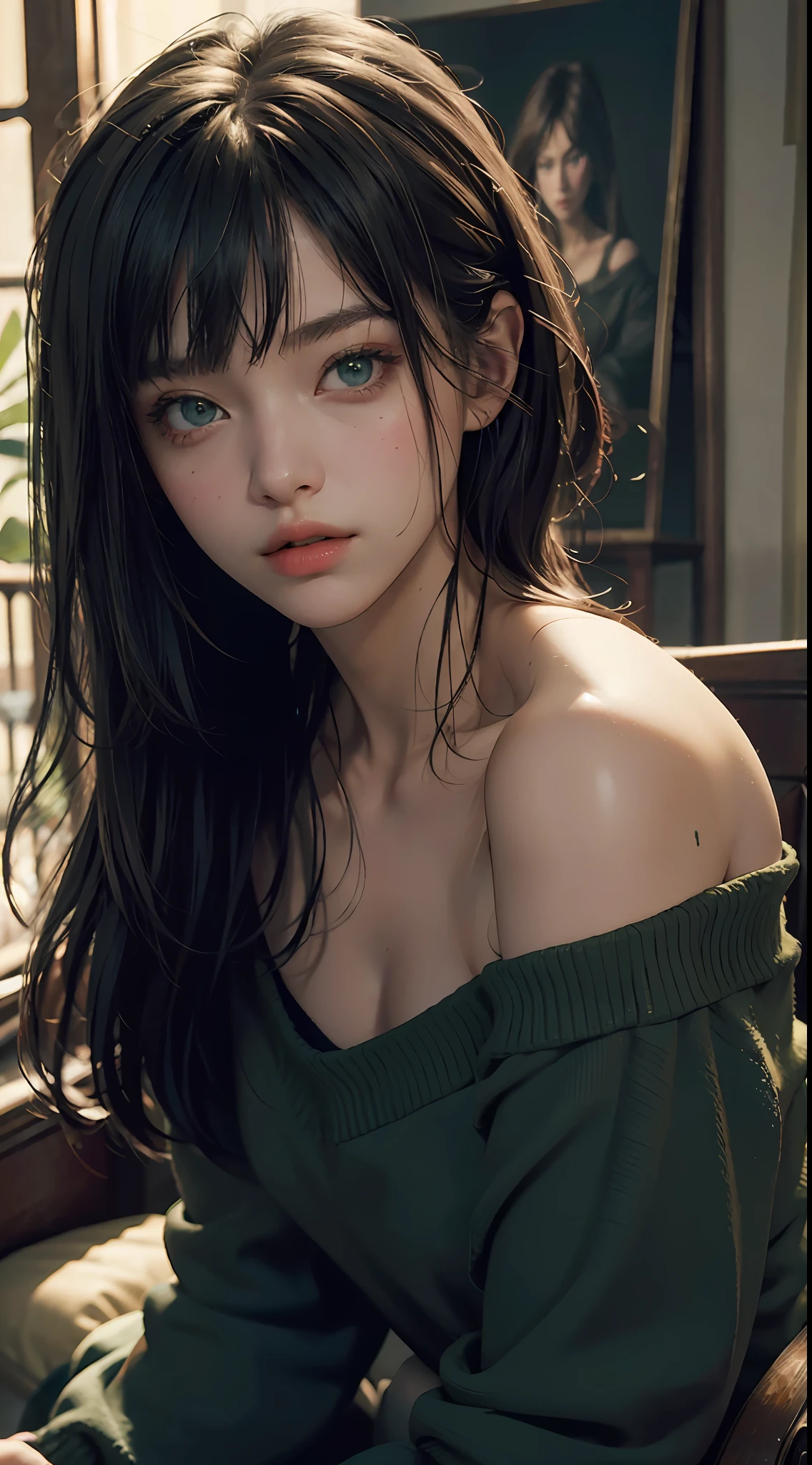 Best Quality, Masterpiece, Ultra High Resolution, (Realisticity: 1.4), Original Photo, 1Girl, Green Eyes, Off-Shoulders, Cinematic Lighting, Bangs,