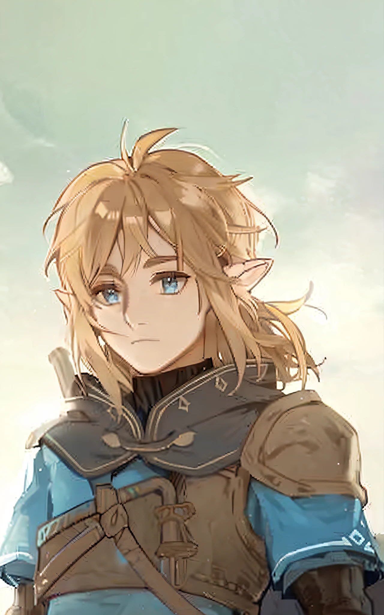a close up of a person with a sword in a field, zelda botw, botw style, botw, female protagonist 👀 :8, female protagonist, portrait of zelda, from legend of zelda, link from zelda, breath of the wild style, a portrait of link, beautiful androgynous prince, zelda, breath of the wild art style