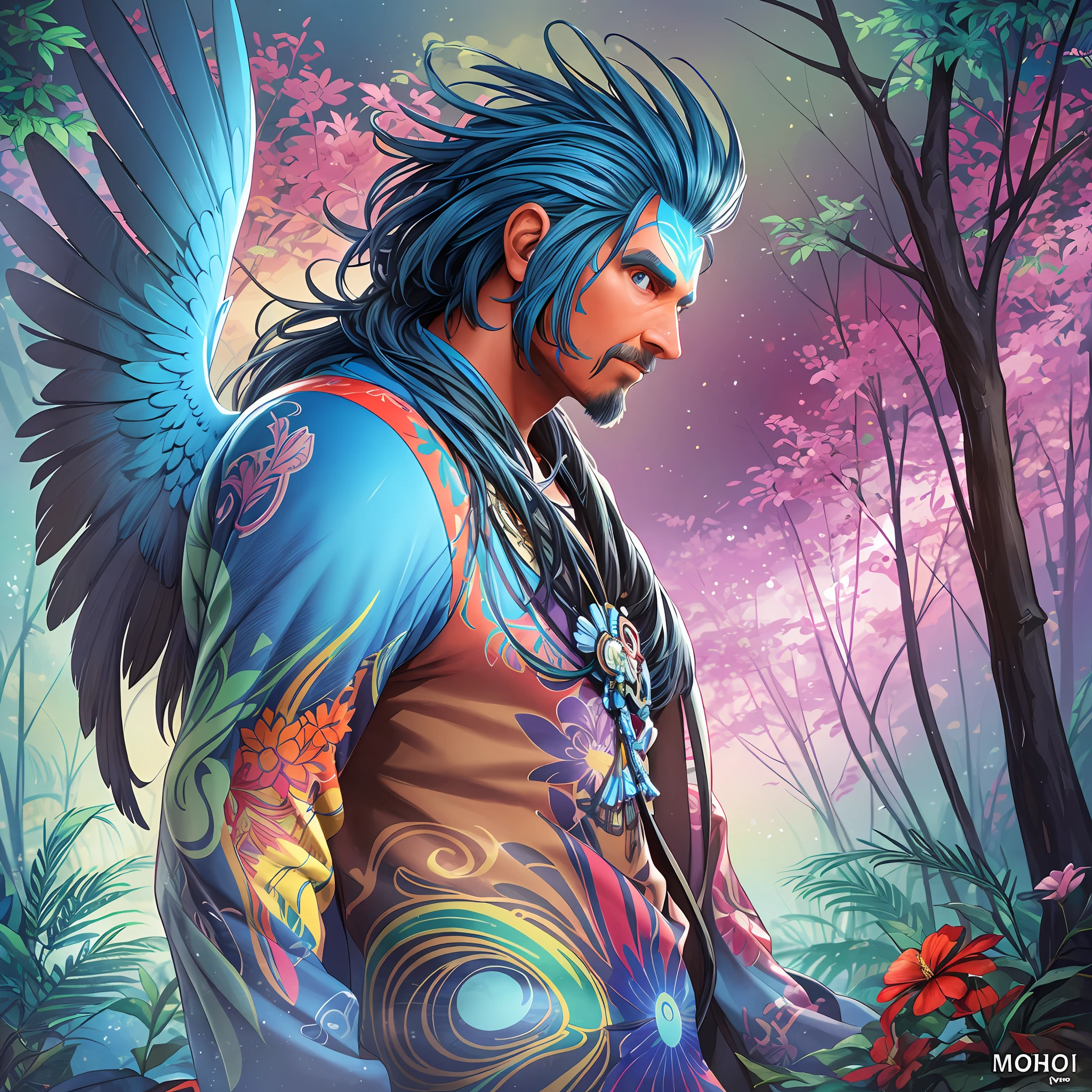 An anthropozoomorph macaw man, A detailed illustration a vivid beautiful print, splash flowers fantasy, in the forest, blue and red tetradic colors, 3D vector art, beautiful and quirky, fantasy art, watercolor effect, bokeh, Adobe Illustrator, hand drawn, digital painting, low-poly, soft lighting, panoramic vision, isometric style, retro aesthetic, character-focused, 4K resolution, photorealistic rendering,  using Cinema 4D --auto --s2