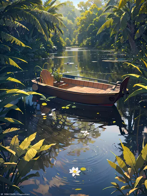 Wallpaper, nature of beauty, summer pond, pond, boat, afternoon sun, reeds, pond background, depth of field, hot weather, HD detail, wet watermark, hyperdetail, realistic photo, 16k, masterpiece of Nikon, soft light, deep field focus bokeh, ray tracing, di...