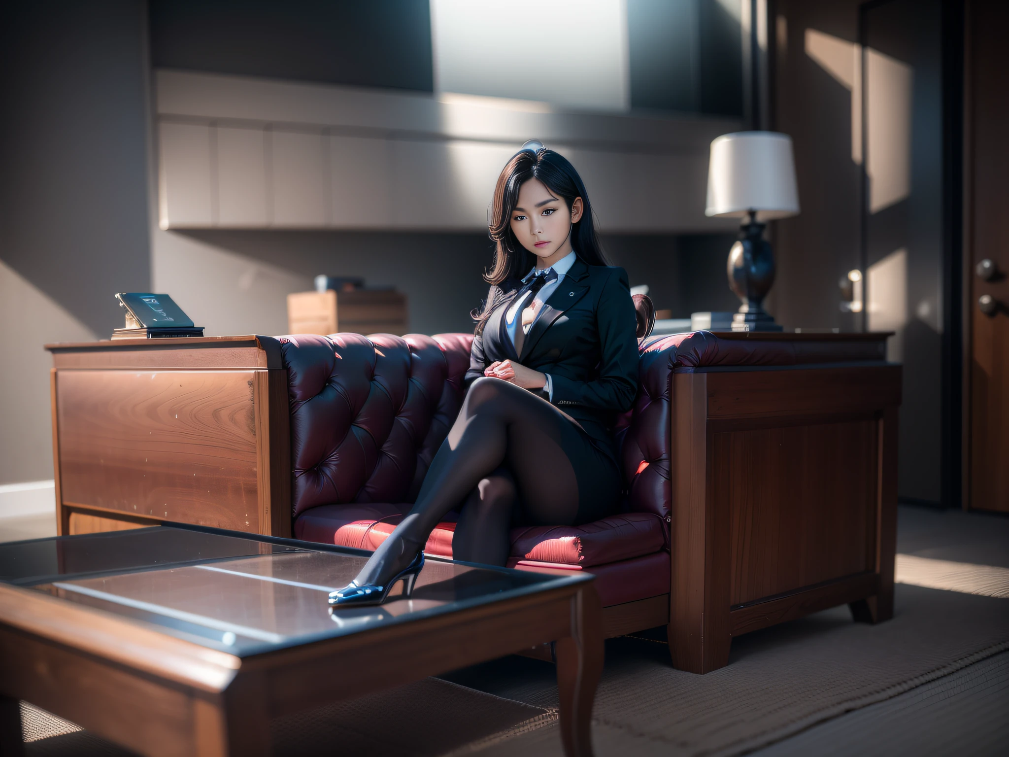 An American woman, seated, dressed, elite, velvet, dark violet color, small tie. Seria, boss, imposing, Full HD, ISO, The law firm features contemporary design furniture, including armchairs upholstered in black and gray leather, tempered glass coffee tables with chrome bases, a solid wood meeting table with black leather chairs, and a built-in bookcase with brown leather bound legal books. ?" Its 11-blade circular diaphragm and XA lens elements together provide a nice bokeh. In addition, the lens is equipped with an aperture ring that can be toggled between clicked and clickless operation, a dust and moisture resistant design, and four XD linear autofocus motors that offer fast and accurate autofocus and tracking. This lens offers Sony photographers a brilliant performance tool for portraiture, night scenes, and photography in general."