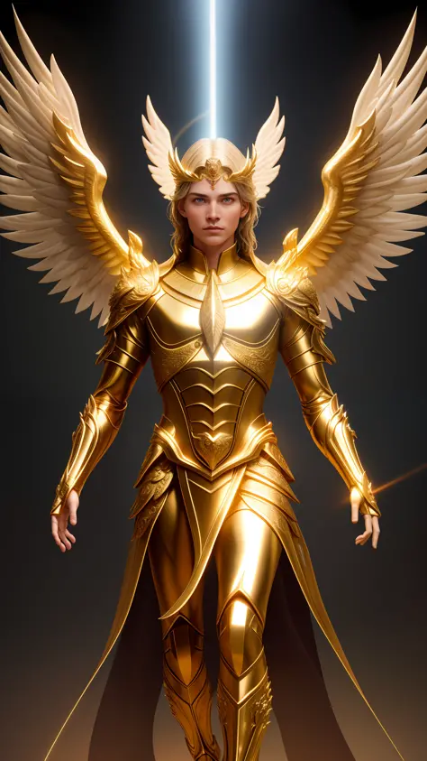 Saint Michael the Archangel mature male, with beams of light enveloping his body, his feathery wings are spread out, a golden ha...