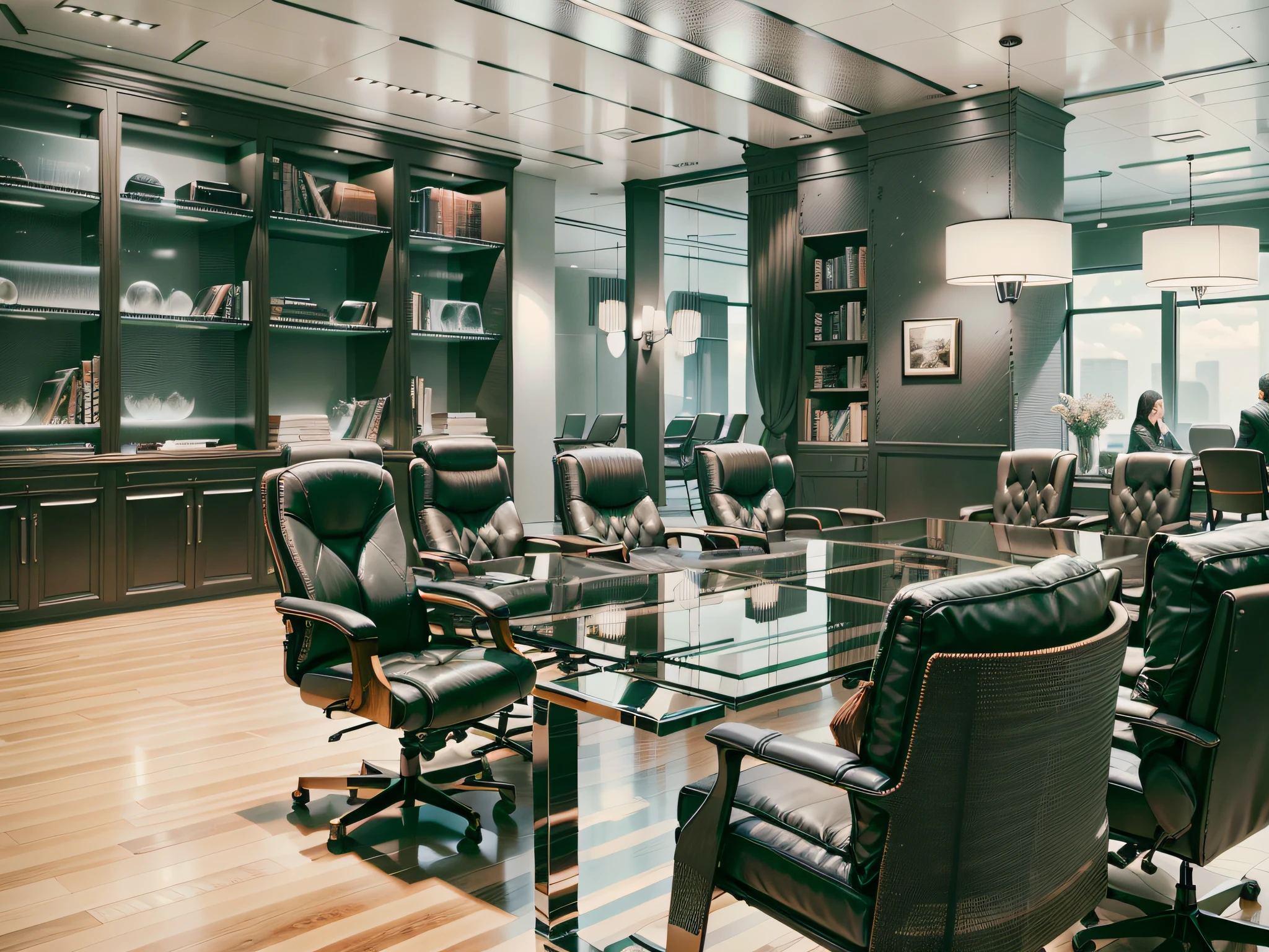 The law firm features contemporary design furniture, including armchairs upholstered in black and gray leather, tempered glass coffee tables with chrome bases, a solid wood meeting table with black leather chairs, and a built-in bookcase with brown leather bound legal books.