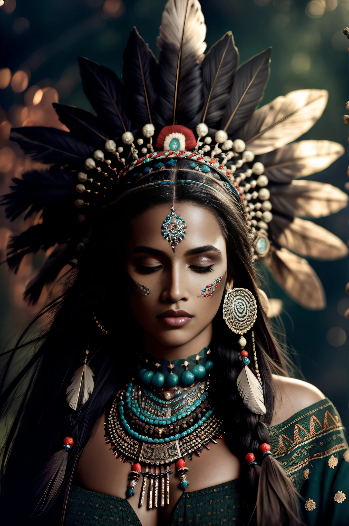 (full portrait), (half shot), solo, detailed background, detailed face, (stonepunkAI, stone theme:1.1), wise, (female), (native american), (beautiful hair, braids:0.2), shaman, septum piercing, mystical, (gorgeous face), stunning, head tilted upwards, (eyes closed, serene expression), calm, meditating, Seafoam Green frayed clothes, prayer beads, tribal jewelry, feathers in hair, headdress:0.33, jade, obsidian, detailed clothing, cleavage, realistic skin texture, (floating particles, water swirling, embers, ritual, whirlwind, wind:1.2), sharp focus, volumetric lighting, good highlights, good shading, subsurface scattering, intricate, highly detailed, ((cinematic)), dramatic, (highest quality, award winning, masterpiece:1.5), (photorealistic:1.5), (intricate symmetrical warpaint:0.5),