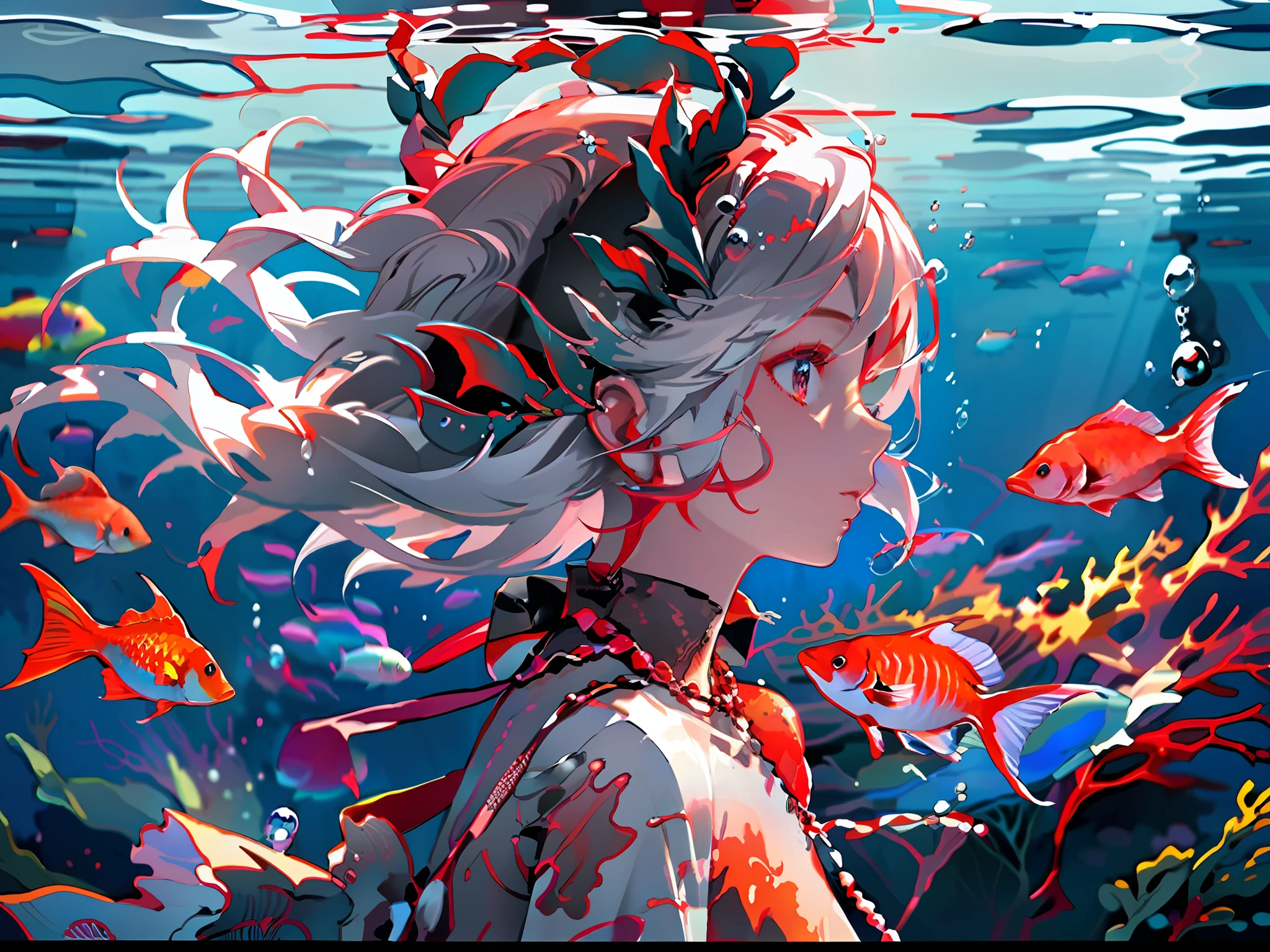 1 girl, red eyes, red theme, fish, solo, jewelry, earrings, profile, foam, necklace, underwater, red hair, short hair, red necklace, white hair, from side, bubbles, letterbox, jellyfish, upper body, floating hair, unified 8k wallpaper, super detailed, beautiful and aesthetic, very detailed, dynamic angle,