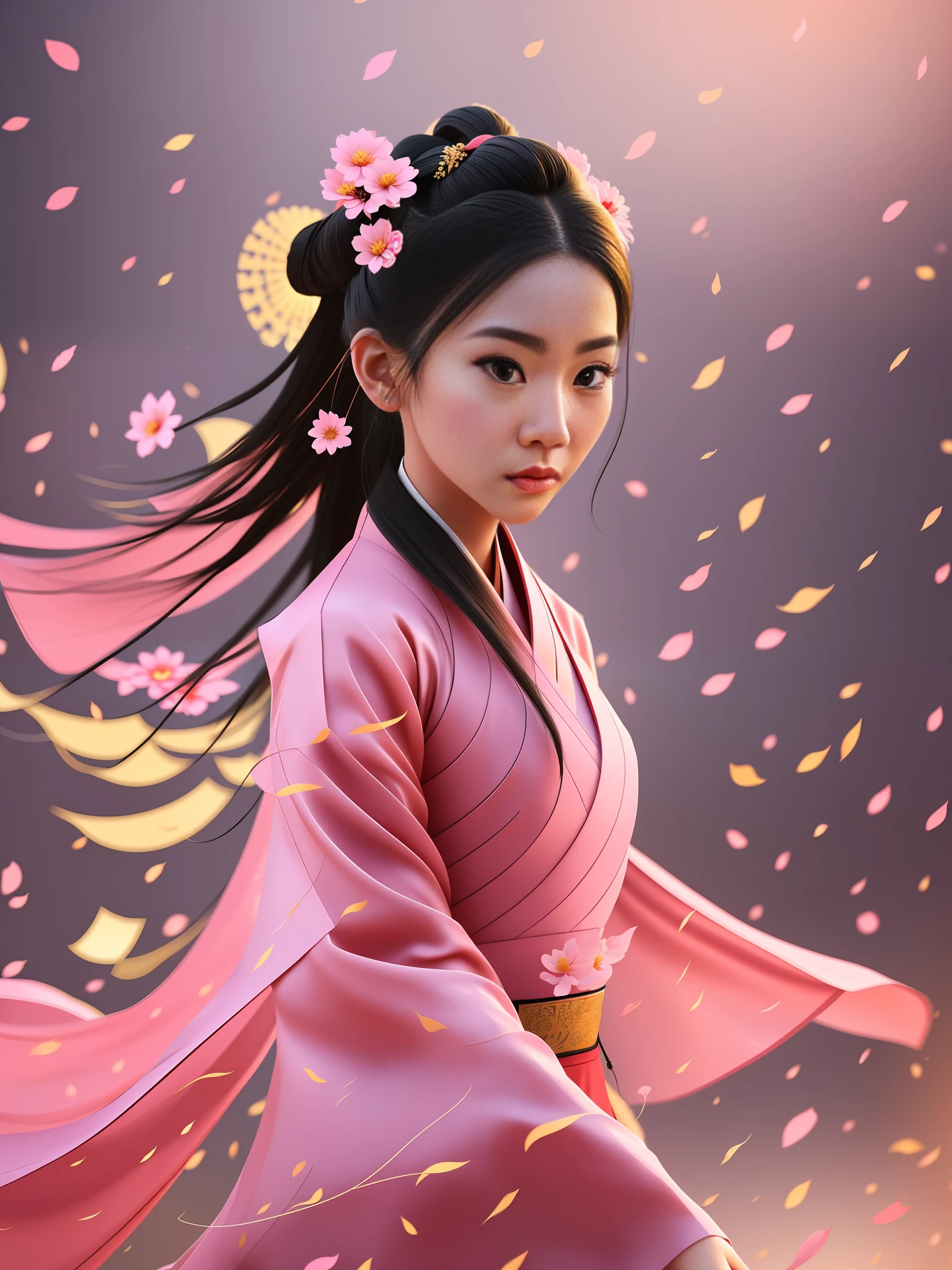 arte generado por computadora, mitad y mitad primer plano,Una encantadora niña de 1 año, vestida con Hanfu chino tradicional, de pie en el medio del templo,Rodeada de dragones chinos rosas, Escenas de acción al estilo de las artes marciales chinas, fondos de flores que caen, iluminación dramática, fotografía,Efecto de movimiento de fondo borroso,Estilo de trabajo del director de cine Ang Lee,