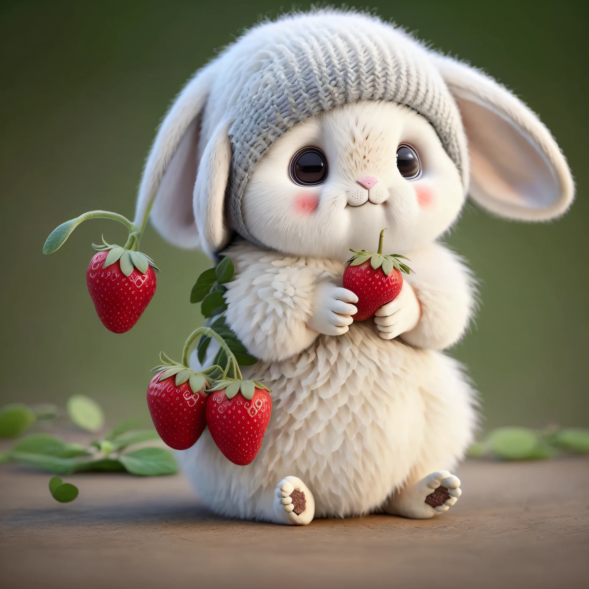 :3. Rabbit, realistic, hairy, clothed animal, apple, bear, teak, cherry, food, fruit, full body, hat, non-human, strawberry, tomato, watermelon