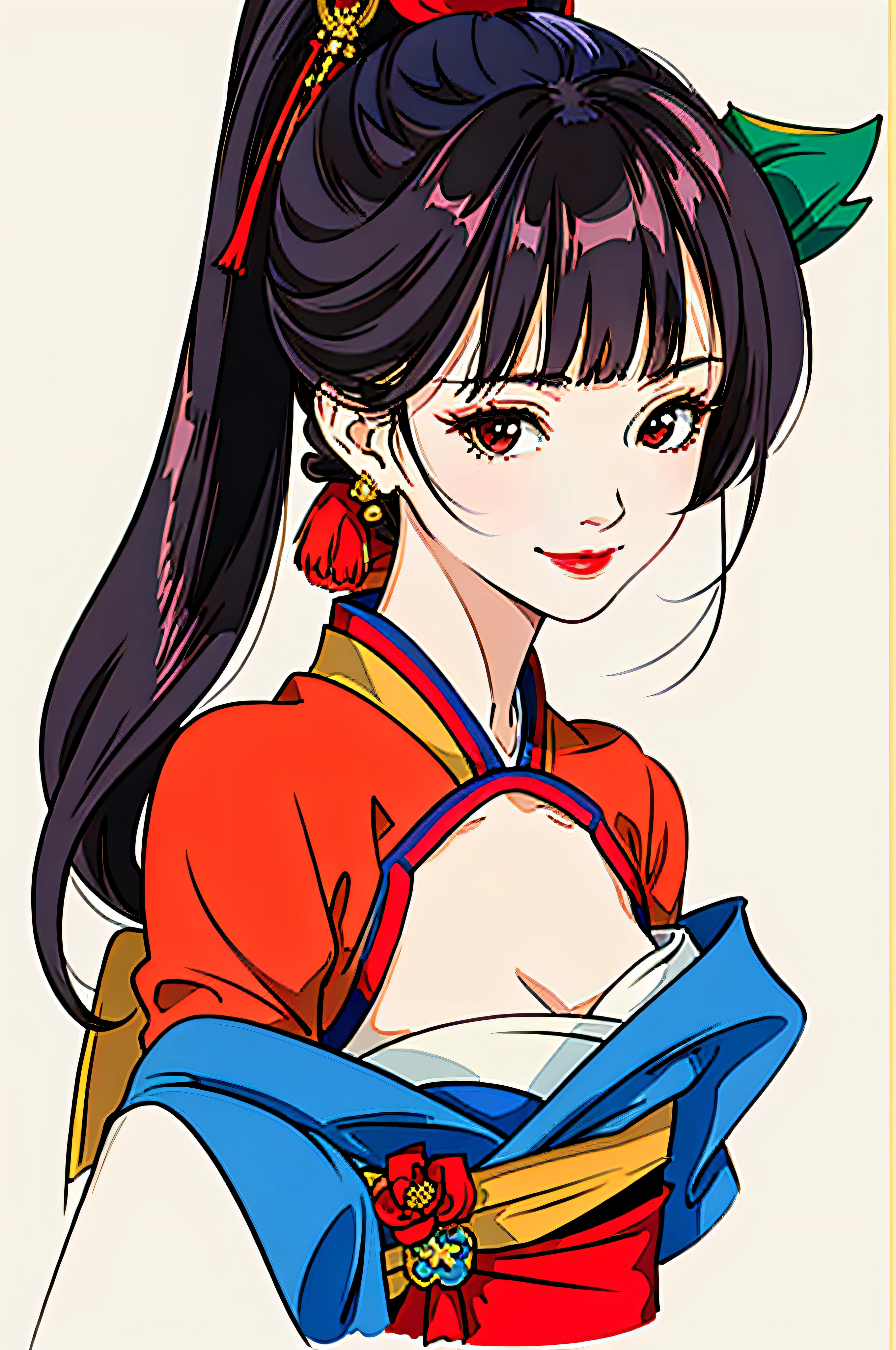 Masterpiece, superlative, petite, perfect breasts, red lip gaze, seductive smile, sexy, blunt bangs, high ponytail, simple background, geisha, illustration drawing