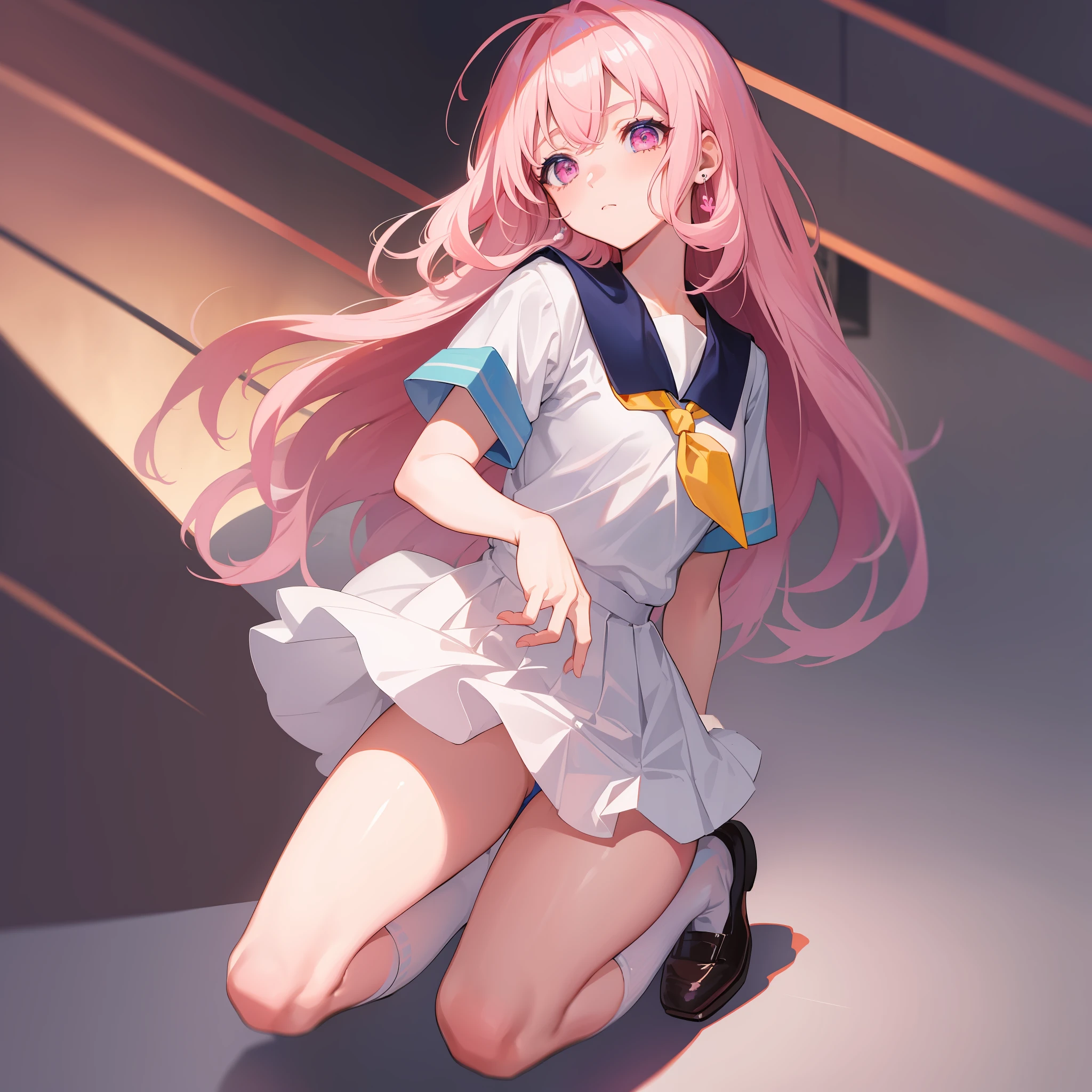 (masterpiece), ((highest quality)), (super detailed), 1 girl, pink hair, small, short stature, medium long hair, ahoge, street, squatting, 14 years old, , skirt, socks, seravuk, neckerchief, sailor collar, pleated skirt, white socks, blue skirt, short sleeve, shirt, white shirt, blue sailor collar, blue neckerchief, bangs, frown, pink eyes, Perfect hands, hand details, modified fingers. earrings, looking_at_viewer, top quality, rich details, perfect image quality,