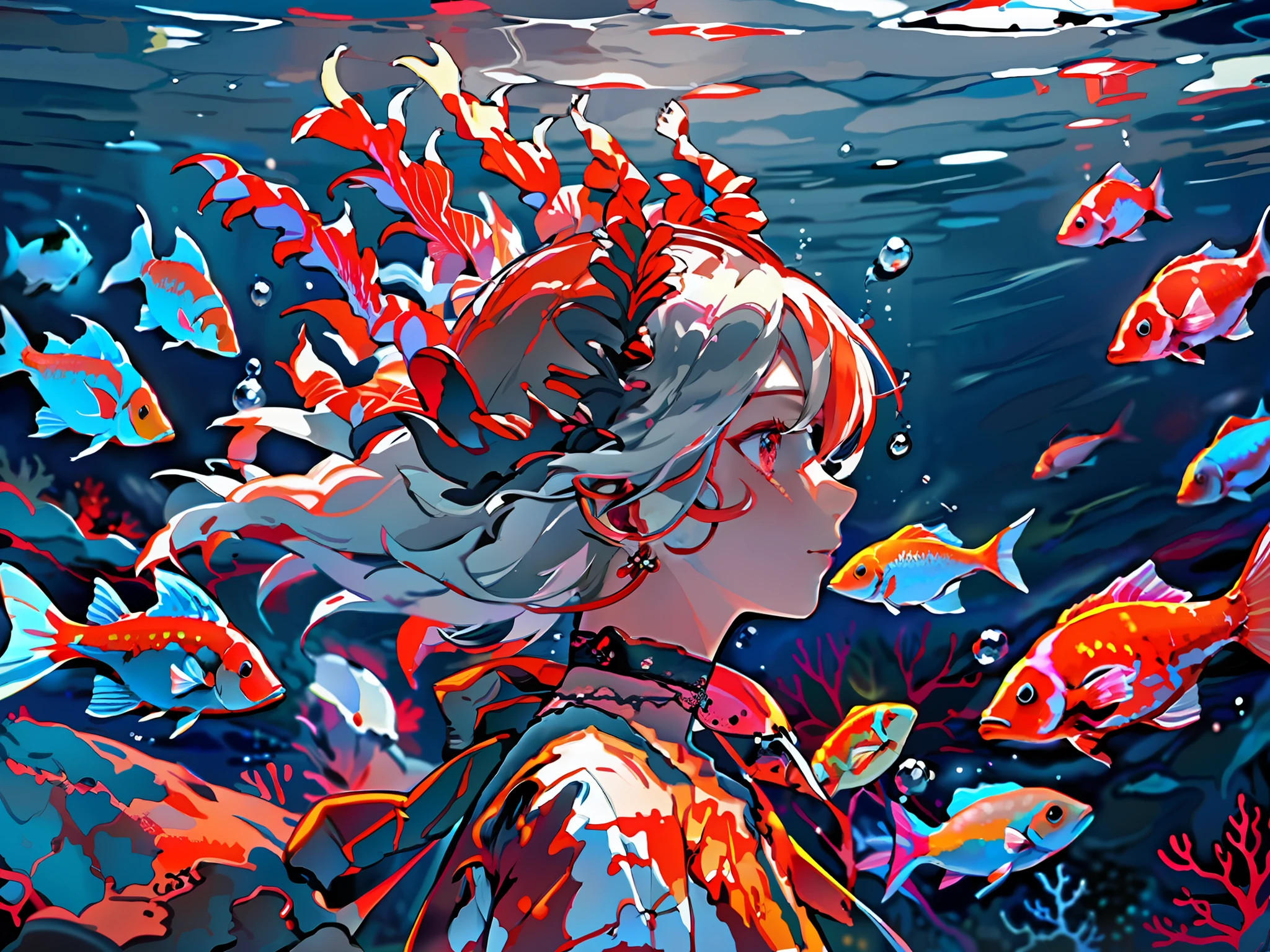 1girl, red eyes, red theme, fish, solo, jewelry, earrings, profile, bubble, choker, underwater, red hair, short hair, red choker, white hair, from side, air bubble, letterboxed, jellyfish, upper body, floating hair