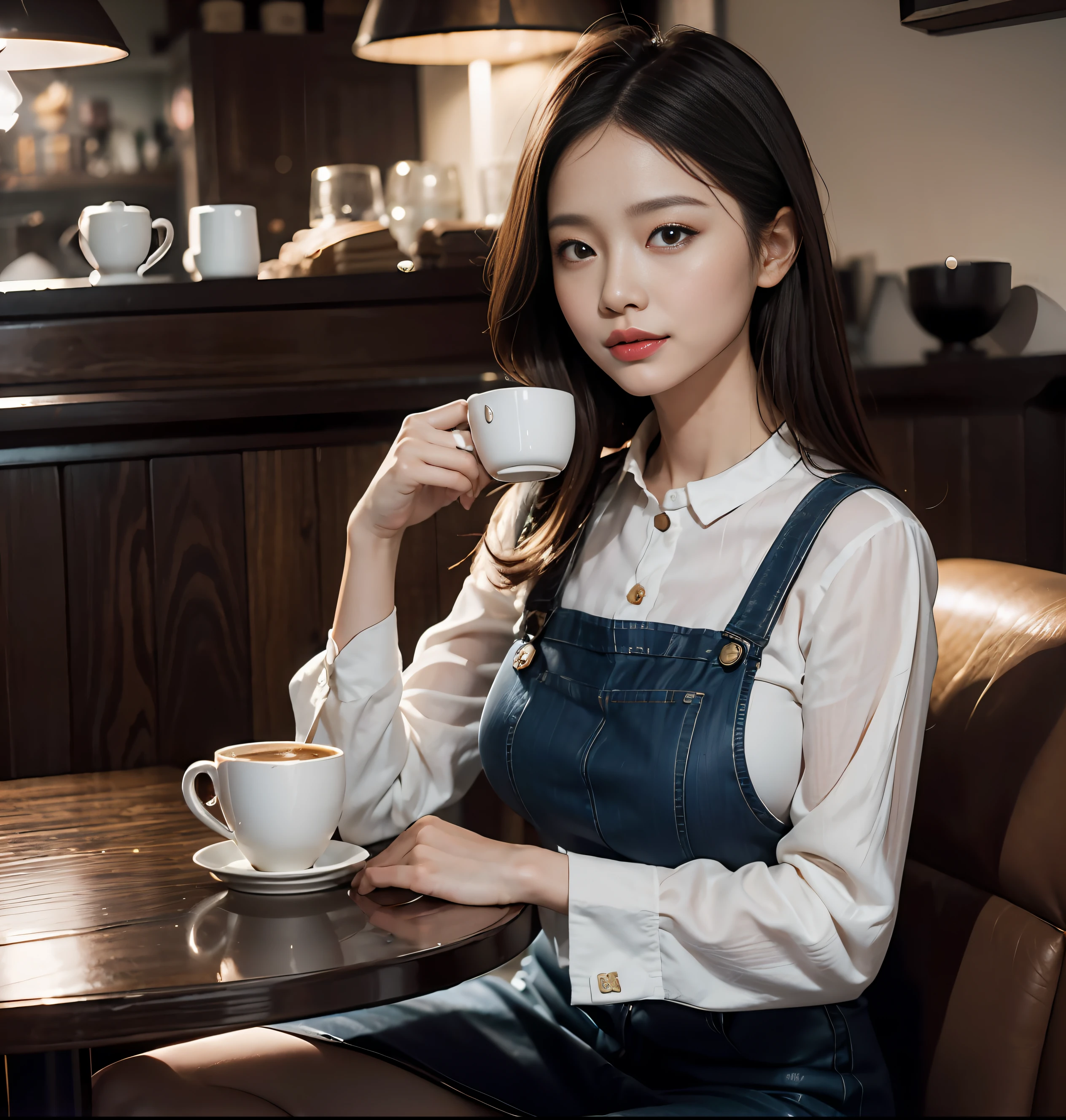 Una elegante mujer de cuello blanco de 30 años estaba sentada en un café tomando café , Maquillaje delicado , mujeres chinas , Disparo Canon de 35 mm , Fotorrealista , fotografía ,4k