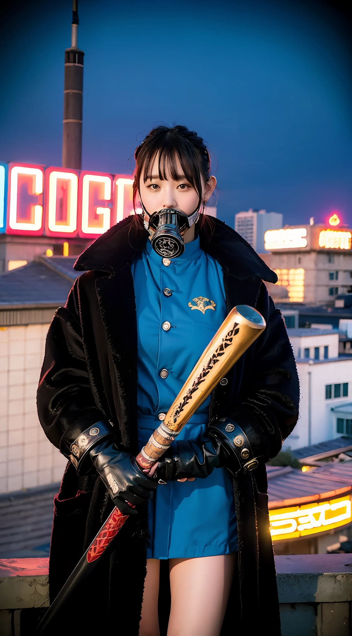 Dictator, tattoo of a large dragon, tattooed all over the body, American football headgear, gas mask, lace robe, rooftop, huge background holding neon signs, leather gloves, boots, sword, baseball armor,