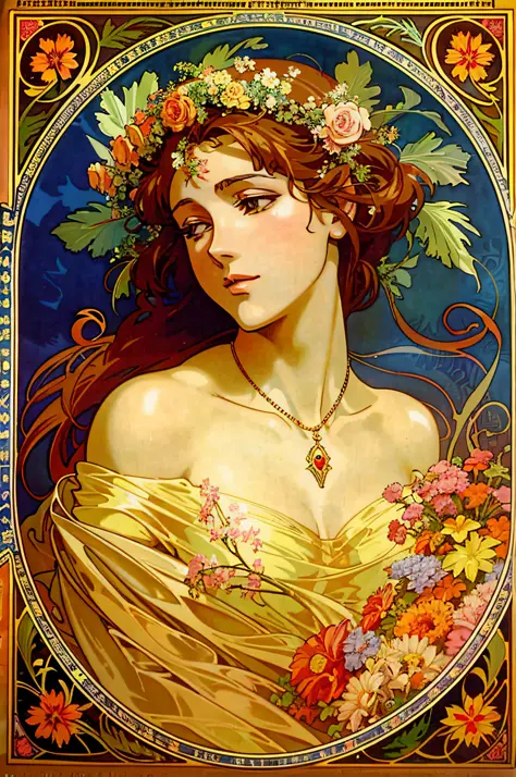 (illustration from the 1990s), ((((Anime character)))), frescoes, Alphonse Mucha,