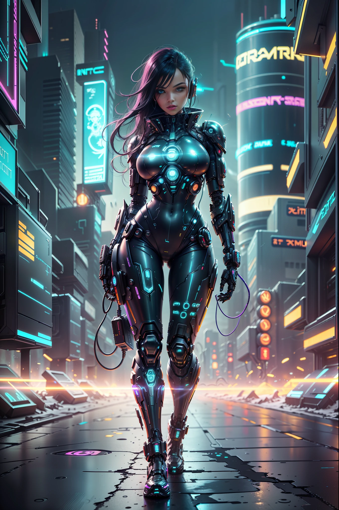 Cyber Woman in a Futuristic Cyberpunk CityAn imposing cyberpunk woman, with a full body on display, is depicted in a futuristic cyberpunk city. His eyes sparkle with intense neon, reflecting the cityscape filled with dystopian skyscrapers, holographic advertisements and flying vehicles amid a night sky lit by vibrant neons. The cybernetic woman sports a shiny metallic skin, covered in intricate cybernetic details and circuit tattoos. His posture is confident and challenging --auto --s2