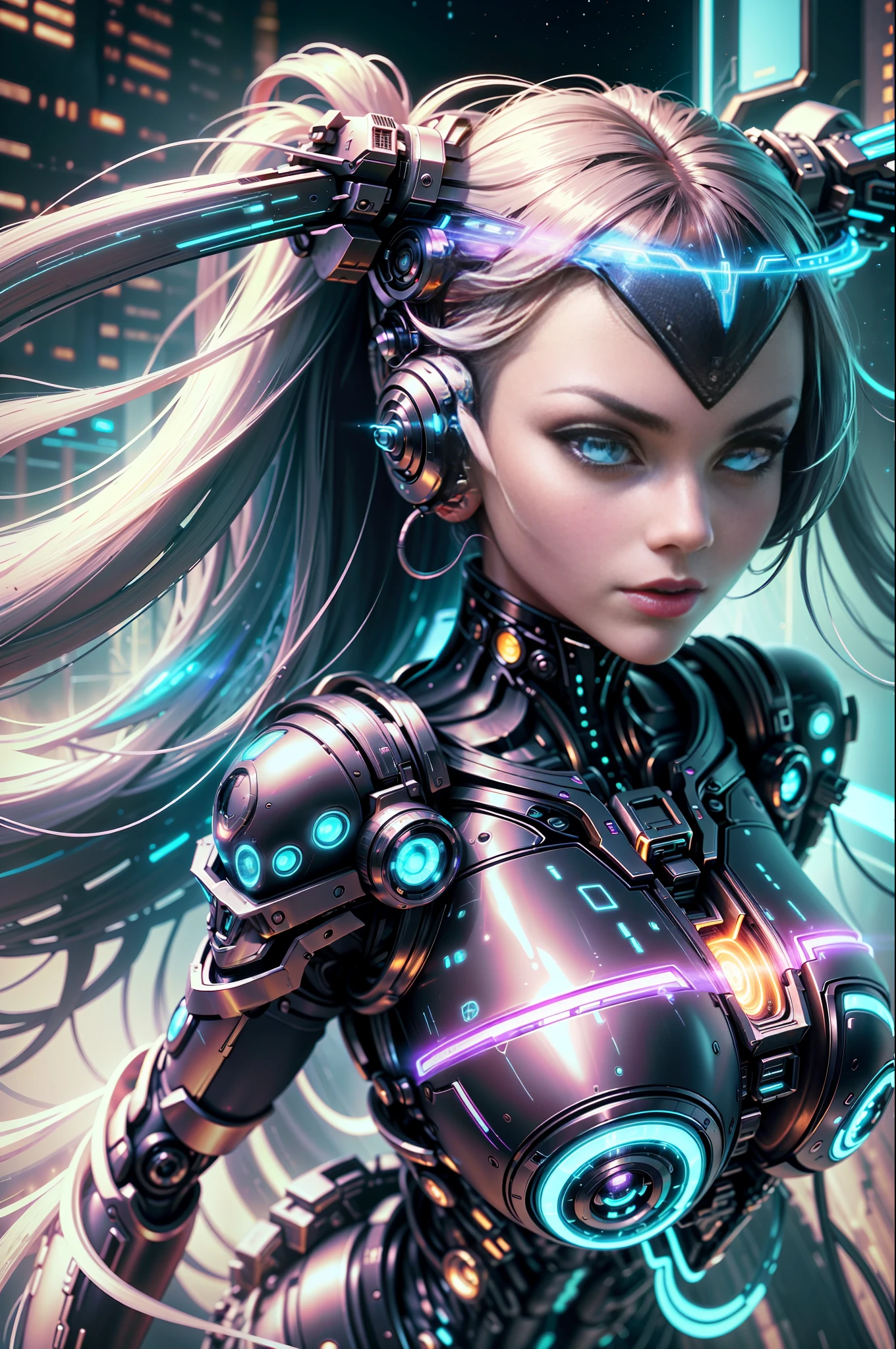 A cybernetic woman with electric eyes, burning metallic hair, iridescent skin with circuited patterns, nails sharp as claws, and a mysterious look. The neon light of the environment reflects on its metallic curves as it rises majestically over a futuristic landscape filled with glittering skyscrapers, bustling streets and flying vehicles. The city is illuminated by a starry sky and a full moon, which add a touch of cosmic charm. The cybernetic woman emanates an aura of power and mystery, evoking the sense of a technological and fascinating future. The image will be executed as a high-resolution photograph, capturing every detail of the cybernetic woman and the environment around her. The photographic style will emphasize neon lighting and metallic sheen, conveying a futuristic and technological atmosphere. The state-of-the-art camera will be used to capture the image, ensuring sharp detail and vibrant colors. --auto --s2