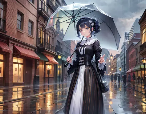 anime girl in a black and white dress holding an umbrella, artwork in the style of guweiz, guweiz on artstation pixiv, anime gir...